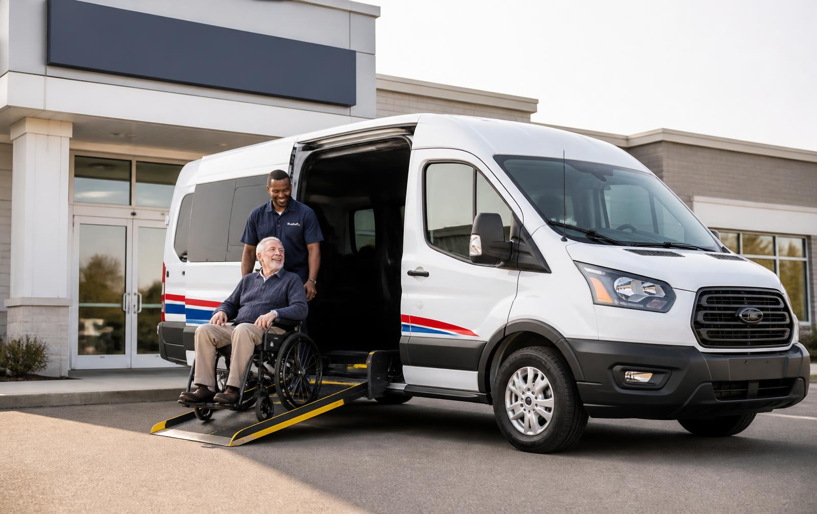 Driver assisting a passenger in a wheelchair onto the ramp of a wheelchair-accessible transport van